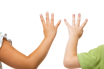 Image showing Children\'s hand, palm gesturing isolated on white studio background