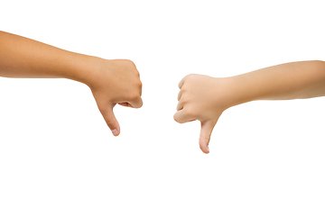 Image showing Children\'s hand, palm gesturing isolated on white studio background