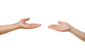 Image showing Children\'s hand, palm gesturing isolated on white studio background