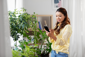 Image showing asian woman with smartphone and flowers at home