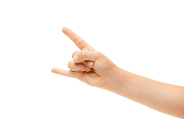 Image showing Children\'s hand, palm gesturing isolated on white studio background