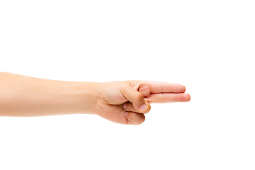 Image showing Children\'s hand, palm gesturing isolated on white studio background