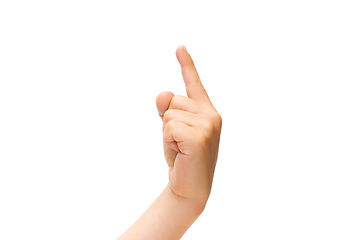 Image showing Children\'s hand, palm gesturing isolated on white studio background