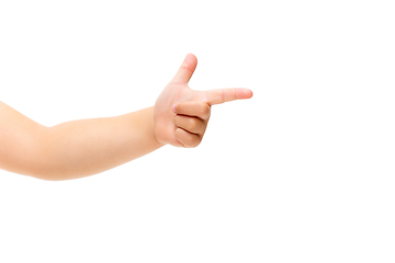 Image showing Children\'s hand, palm gesturing isolated on white studio background