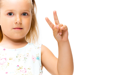 Image showing Little girl gesturing isolated on white studio background with copyspace