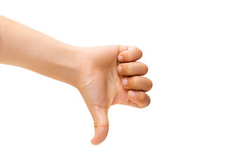 Image showing Children\'s hand, palm gesturing isolated on white studio background