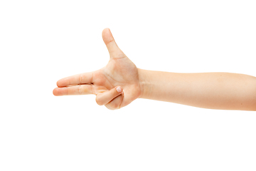 Image showing Children\'s hand, palm gesturing isolated on white studio background