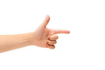 Image showing Children\'s hand, palm gesturing isolated on white studio background