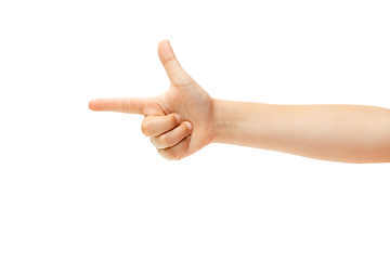 Image showing Children\'s hand, palm gesturing isolated on white studio background