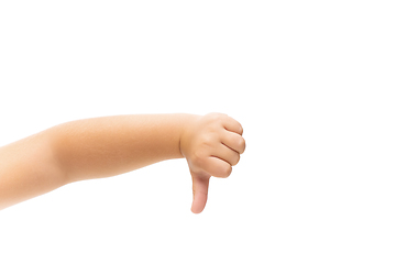 Image showing Children\'s hand, palm gesturing isolated on white studio background