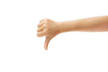 Image showing Children\'s hand, palm gesturing isolated on white studio background