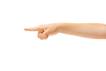 Image showing Children\'s hand, palm gesturing isolated on white studio background