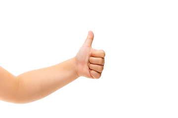 Image showing Children\'s hand, palm gesturing isolated on white studio background