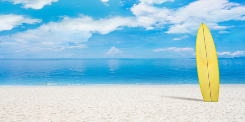 Image showing Summer concept flyer. Surfing board with beach, sand and ocean or sea on background