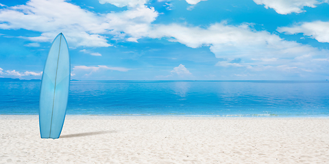 Image showing Summer concept flyer. Surfing board with beach, sand and ocean or sea on background