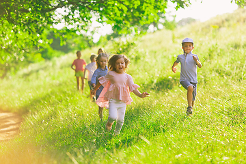 Image showing Kids, children running on meadow in summer\'s sunlight