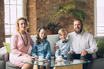 Image showing Happy family traditional portrait, old-fashioned. Cheerful parents and kids