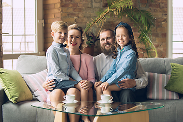 Image showing Happy family traditional portrait, old-fashioned. Cheerful parents and kids