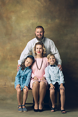 Image showing Happy family traditional portrait, old-fashioned. Cheerful parents and kids