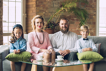 Image showing Happy family traditional portrait, old-fashioned. Cheerful parents and kids