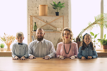 Image showing Happy family traditional portrait, old-fashioned. Cheerful parents and kids