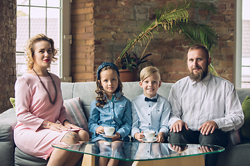 Image showing Happy family traditional portrait, old-fashioned. Cheerful parents and kids