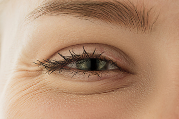 Image showing Close up of face of beautiful caucasian young woman, focus on eyes. Human emotions, facial expression, cosmetology, body and skin care concept.