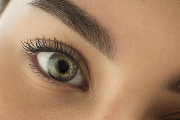 Image showing Close up of face of beautiful caucasian young woman, focus on eyes. Human emotions, facial expression, cosmetology, body and skin care concept.