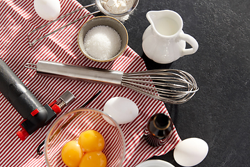 Image showing whisk, eggs, sugar, milk, flour and vanilla