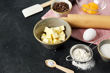 Image showing rolling pin, butter, eggs, flour and chocolate