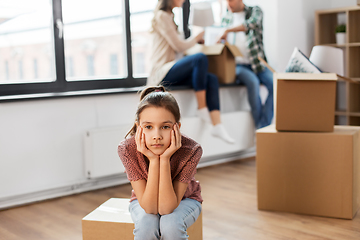 Image showing sad girl moving to new home with her family