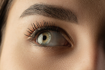 Image showing Close up of face of beautiful caucasian young woman, focus on eyes. Human emotions, facial expression, cosmetology, body and skin care concept.