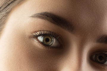 Image showing Close up of face of beautiful caucasian young woman, focus on eyes. Human emotions, facial expression, cosmetology, body and skin care concept.