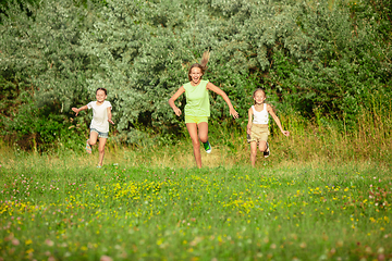 Image showing Kids, children running on meadow in summer\'s sunlight