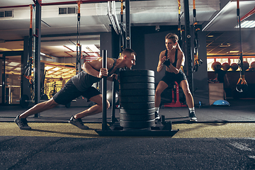 Image showing Beautiful young sporty couple training, workout in gym together