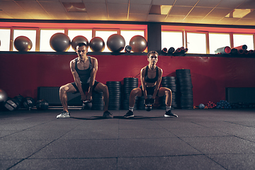 Image showing Beautiful young sporty couple training, workout in gym together