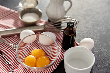 Image showing whisk, eggs, sugar, milk, flour and vanilla