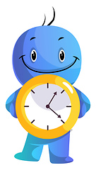 Image showing Blue cartoon caracter holding yellow clock illustration vector o