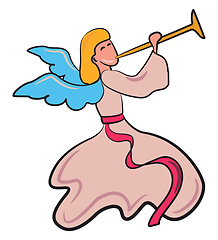 Image showing Angle in pink dress blowing trumpet vector or color illustration