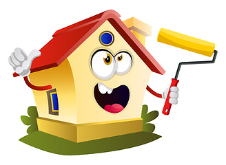 Image showing House is holding paint roller, illustration, vector on white bac