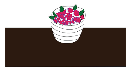 Image showing Simple picture of a flower pot with pink flowers on a brown tabl