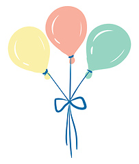 Image showing Three yellow peach and blue colored balloons tied together with 