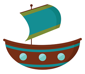 Image showing A brown-colored sailboat and a hoisted blue flag with two green 