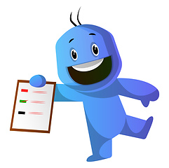 Image showing Smiling blue cartoon caracter with a notepad illustration vector