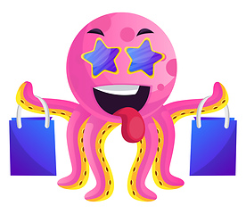 Image showing Pink octopus with shoping bags illustration vector on white back