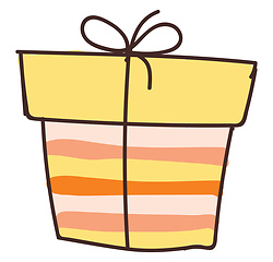 Image showing A present box is wrapped in colorful decorative paper tied with 