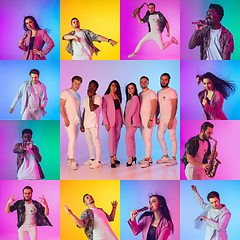 Image showing Collage of portraits of young musicians on multicolored background in neon