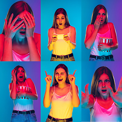 Image showing Collage of portraits of young woman on multicolored background in neon