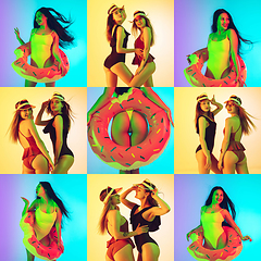 Image showing Collage of portraits of young beautiful girls on multicolored background in neon