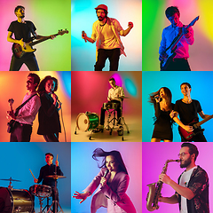 Image showing Collage of portraits of young musicians on multicolored background in neon